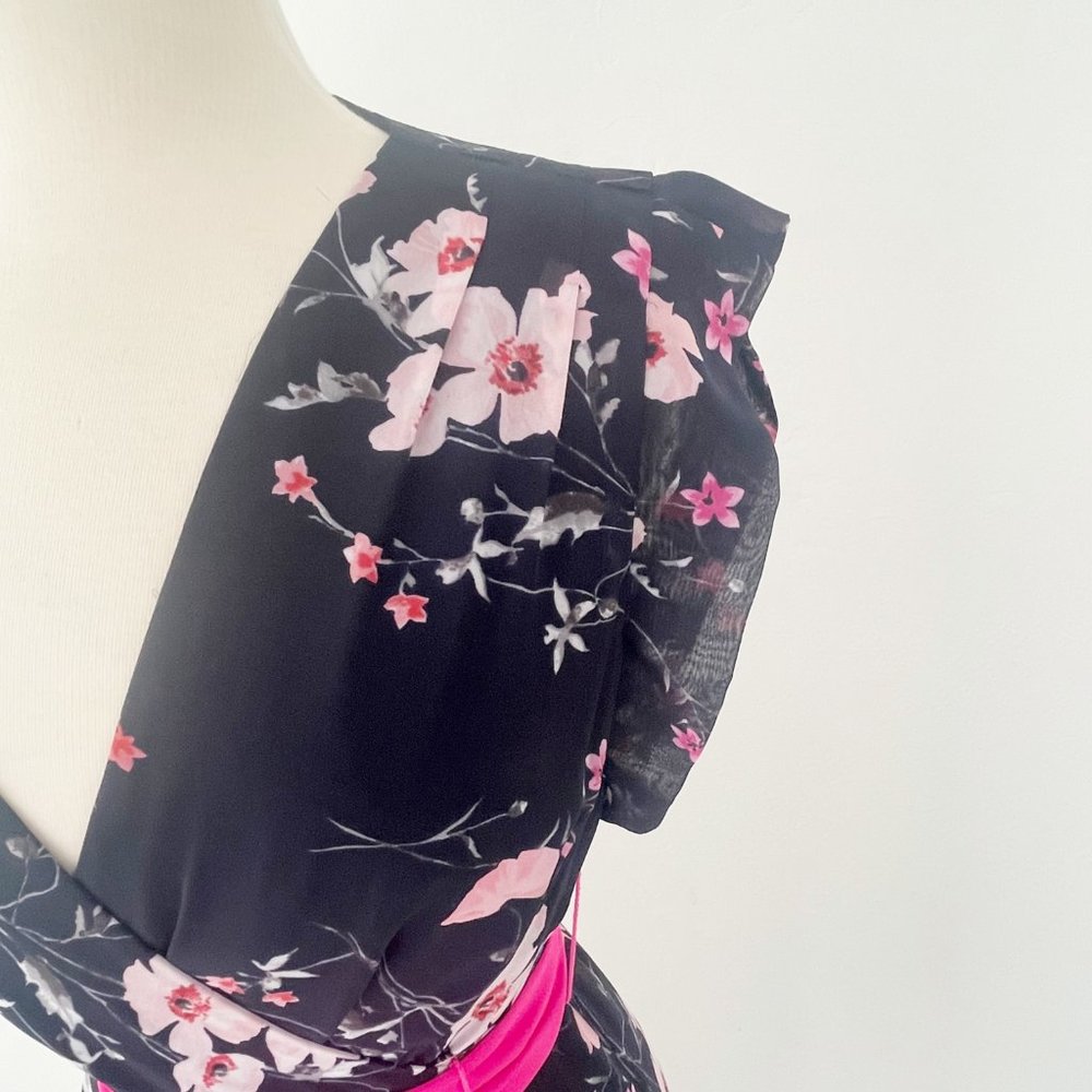 Eliza J Hi-Low Faux Wrap Belted Floral Navy Pink Maxi Dress | 2 - Picture 5 of 13